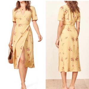 Reformation Yellow Floral Print Jensen wrap silk dress